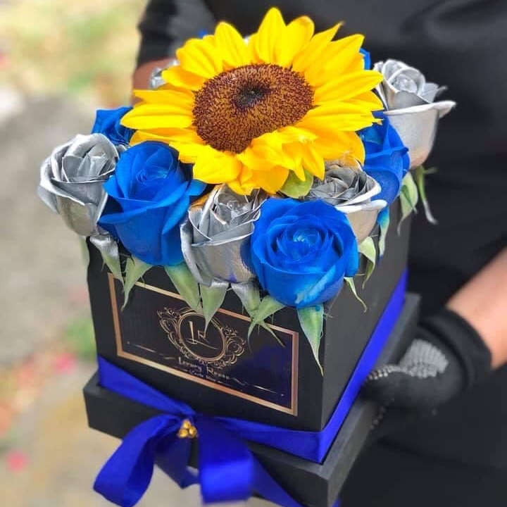 Caja de 16 Rosas Azules y Plateadas + Girasol – Floristería y Regalos  Luxury Roses